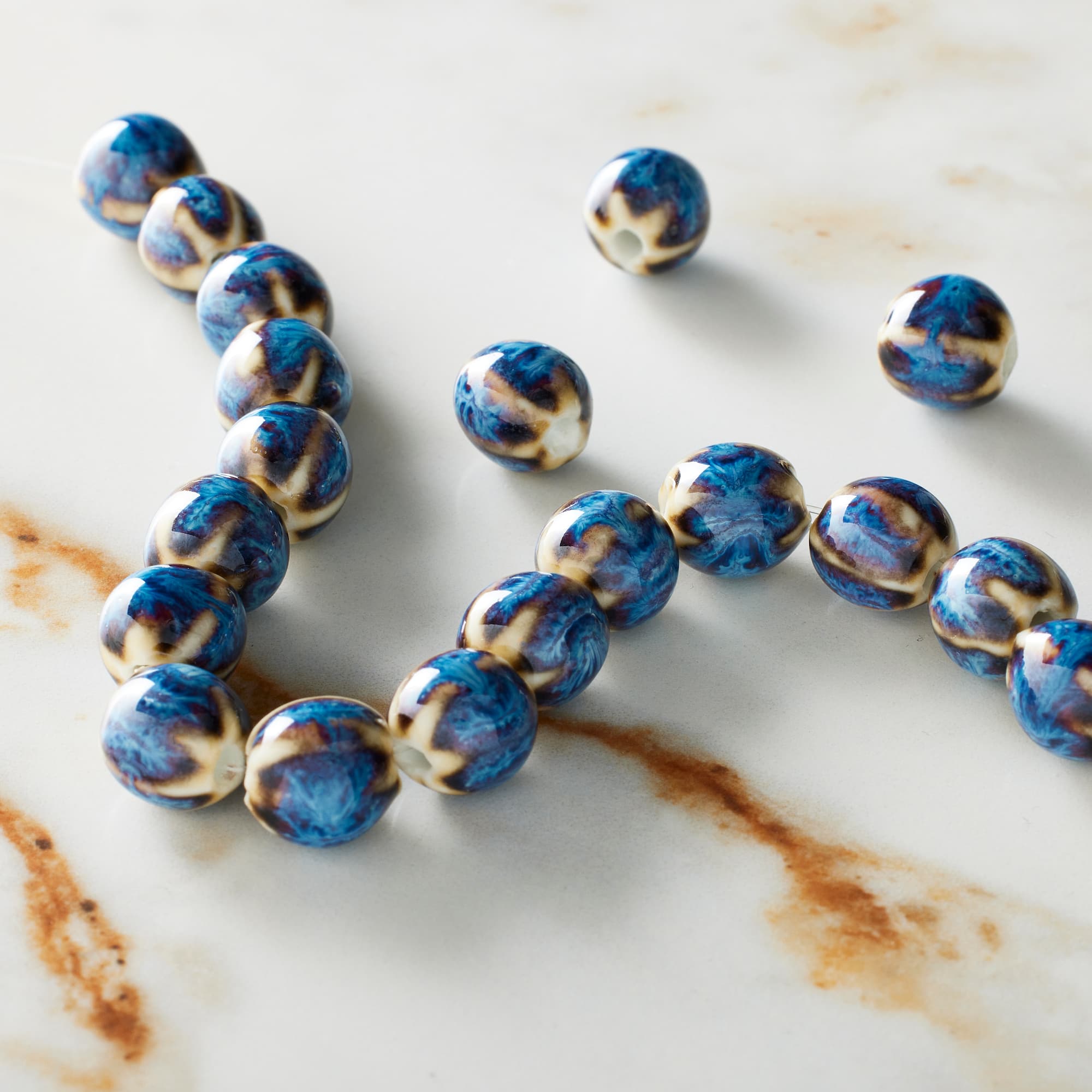 Blue Ceramic Round Melon Beads